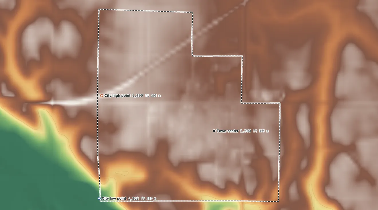 Topographic elevation map of Frankfort, South Dakota, shaded from 1,260 ft on the southwest side to 1,300 ft on the west side