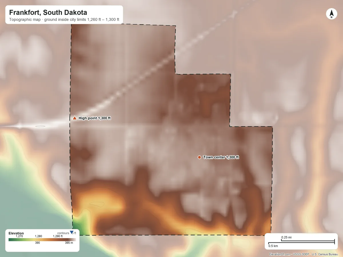 Topographic elevation map of Frankfort, South Dakota, shaded from 1,260 ft on the southwest side to 1,300 ft on the west side