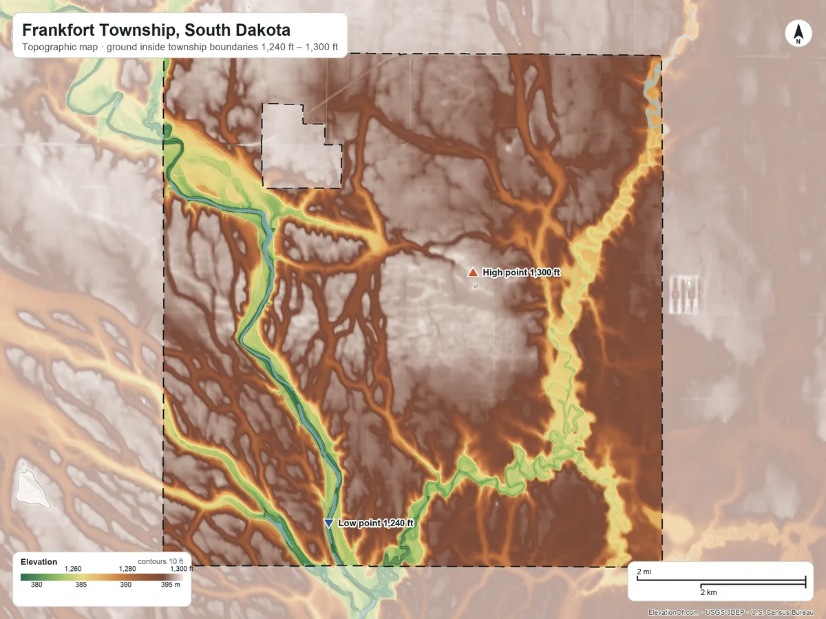 Topographic elevation map of Frankfort Township, South Dakota, shaded from 1,240 ft on the south side to 1,300 ft on the east side