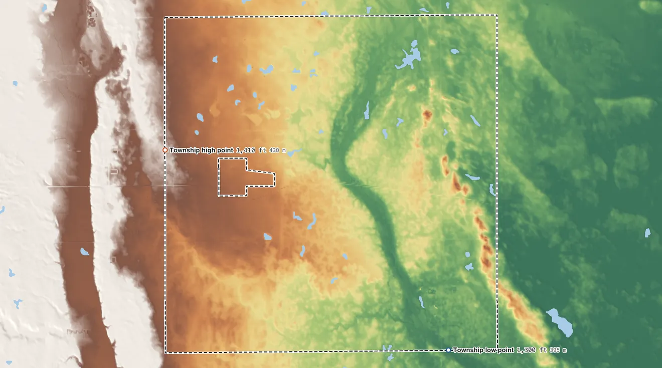 Topographic elevation map of Franklin Township, Jerauld County, South Dakota, shaded from 1,300 ft on the southeast side to 1,410 ft on the west side