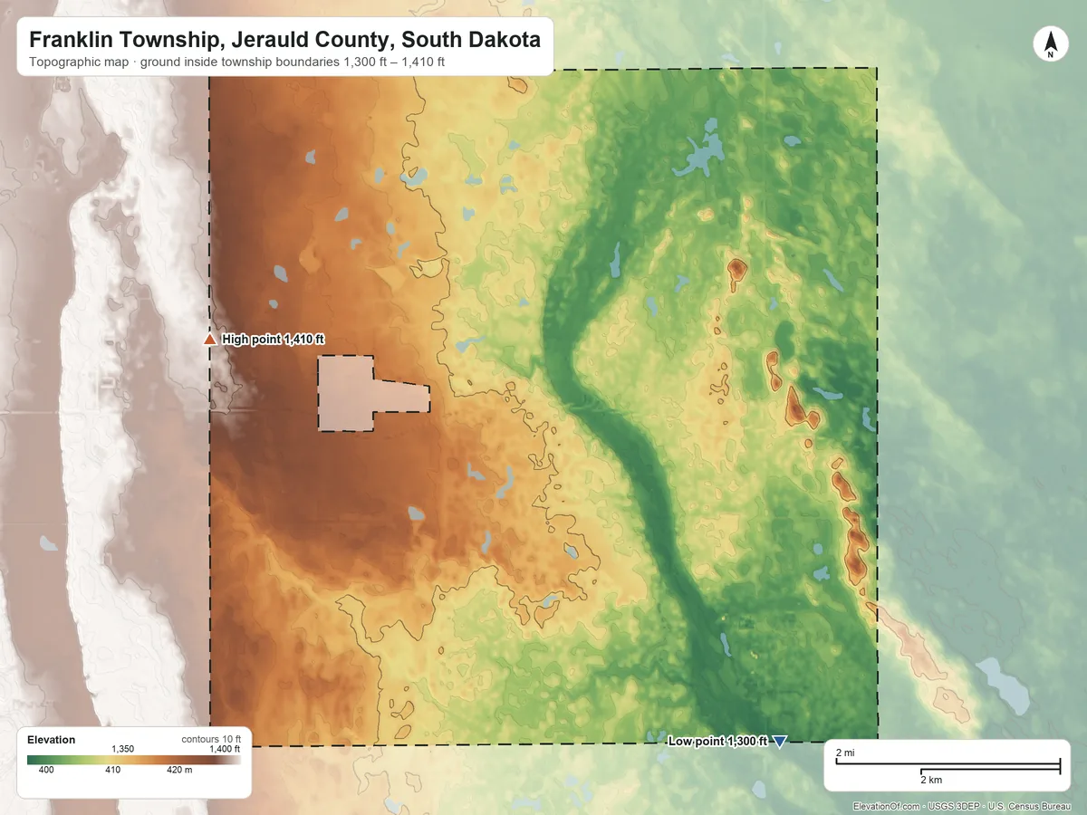 Topographic elevation map of Franklin Township, Jerauld County, South Dakota, shaded from 1,300 ft on the southeast side to 1,410 ft on the west side