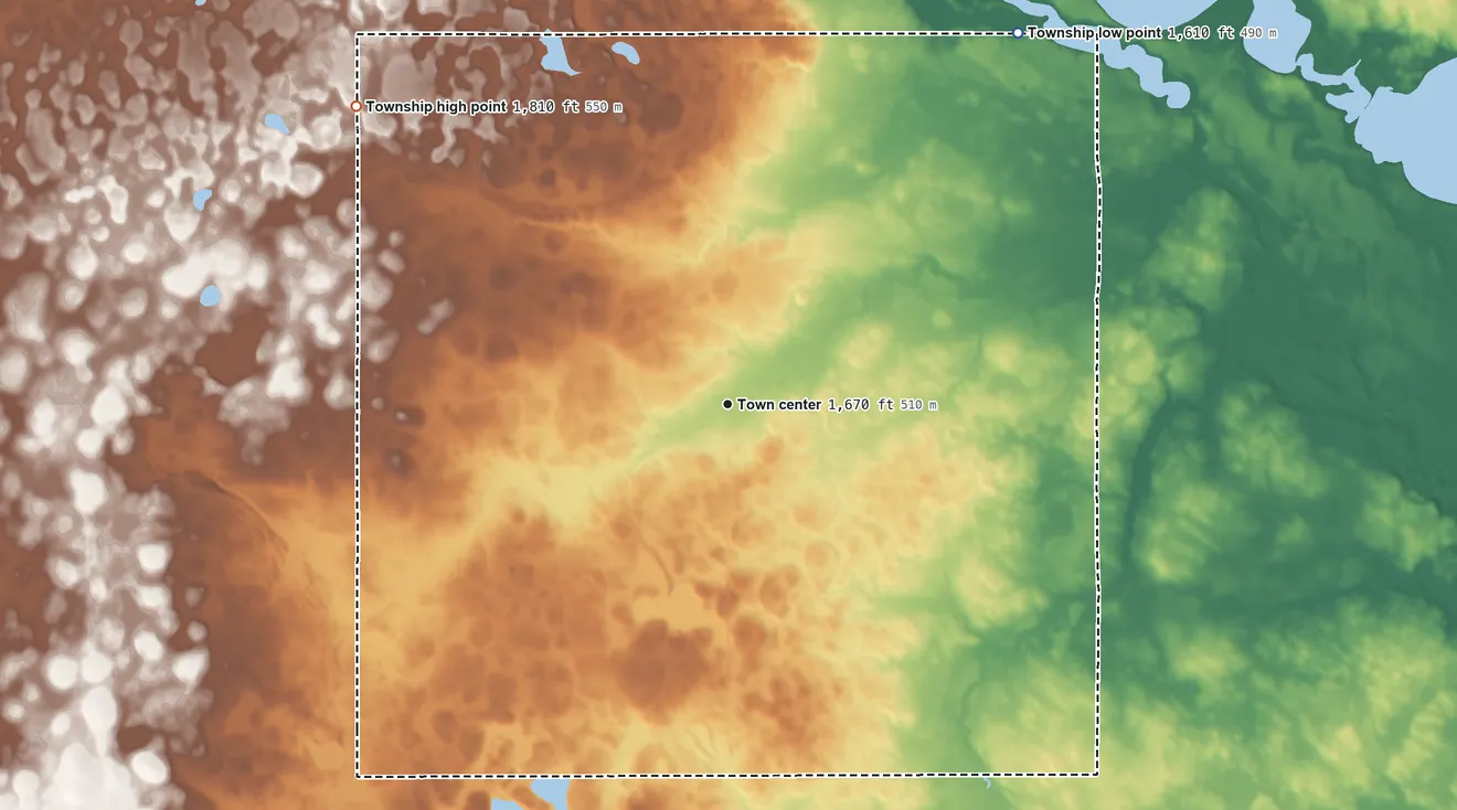 Topographic elevation map of Franklin Township, South Dakota, shaded from 1,610 ft on the northeast side to 1,810 ft on the northwest side