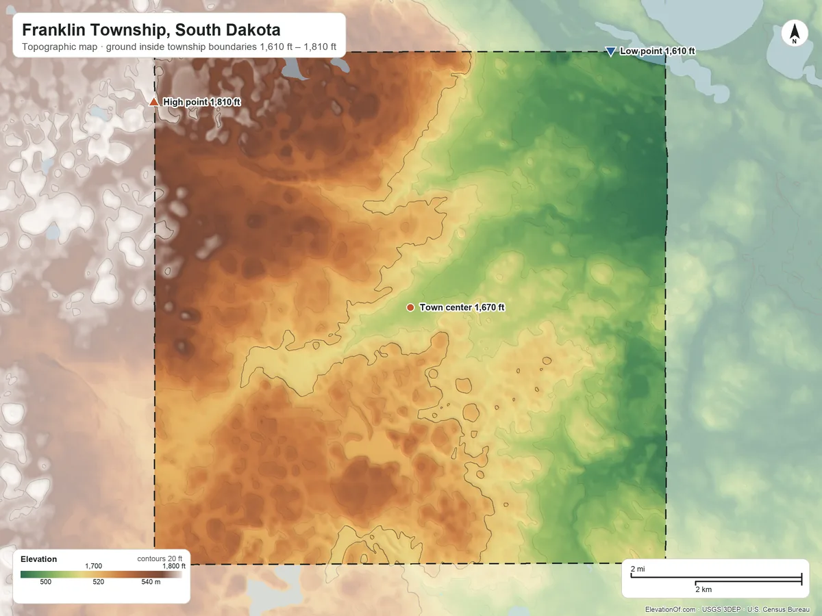 Topographic elevation map of Franklin Township, South Dakota, shaded from 1,610 ft on the northeast side to 1,810 ft on the northwest side