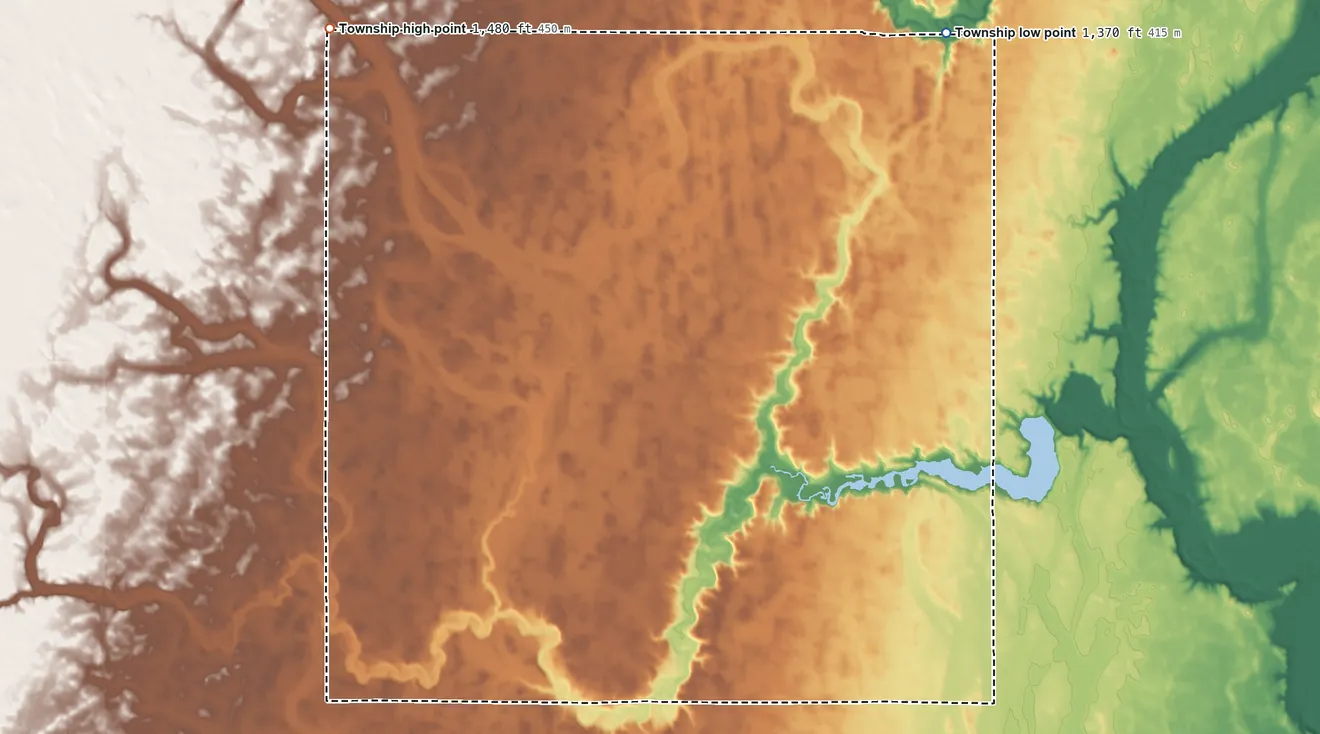 Topographic elevation map of Franklyn Township, South Dakota, shaded from 1,370 ft on the northeast side to 1,480 ft on the northwest side