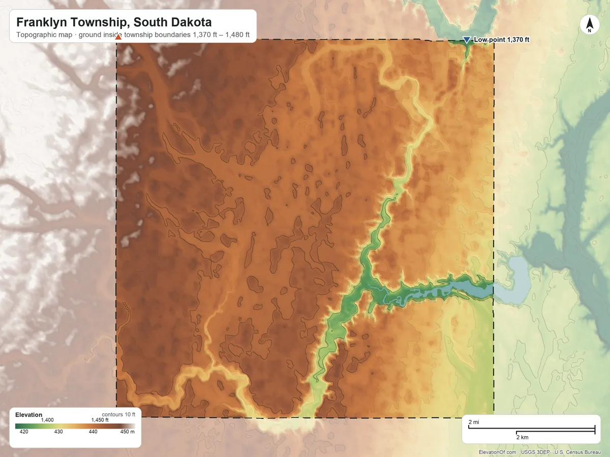 Topographic elevation map of Franklyn Township, South Dakota, shaded from 1,370 ft on the northeast side to 1,480 ft on the northwest side