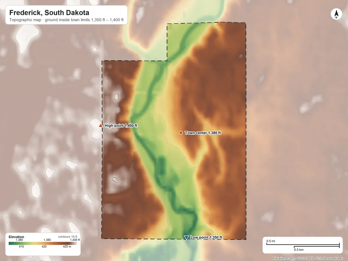 Topographic elevation map of Frederick, South Dakota, shaded from 1,350 ft on the south side to 1,400 ft on the west side