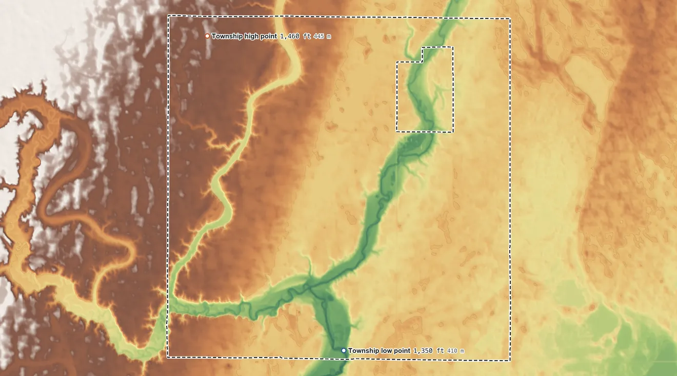 Topographic elevation map of Frederick Township, South Dakota, shaded from 1,350 ft on the south side to 1,460 ft on the northwest side