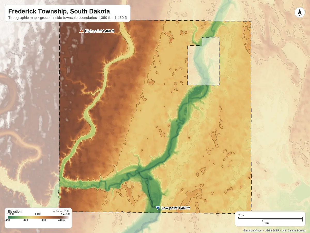 Topographic elevation map of Frederick Township, South Dakota, shaded from 1,350 ft on the south side to 1,460 ft on the northwest side