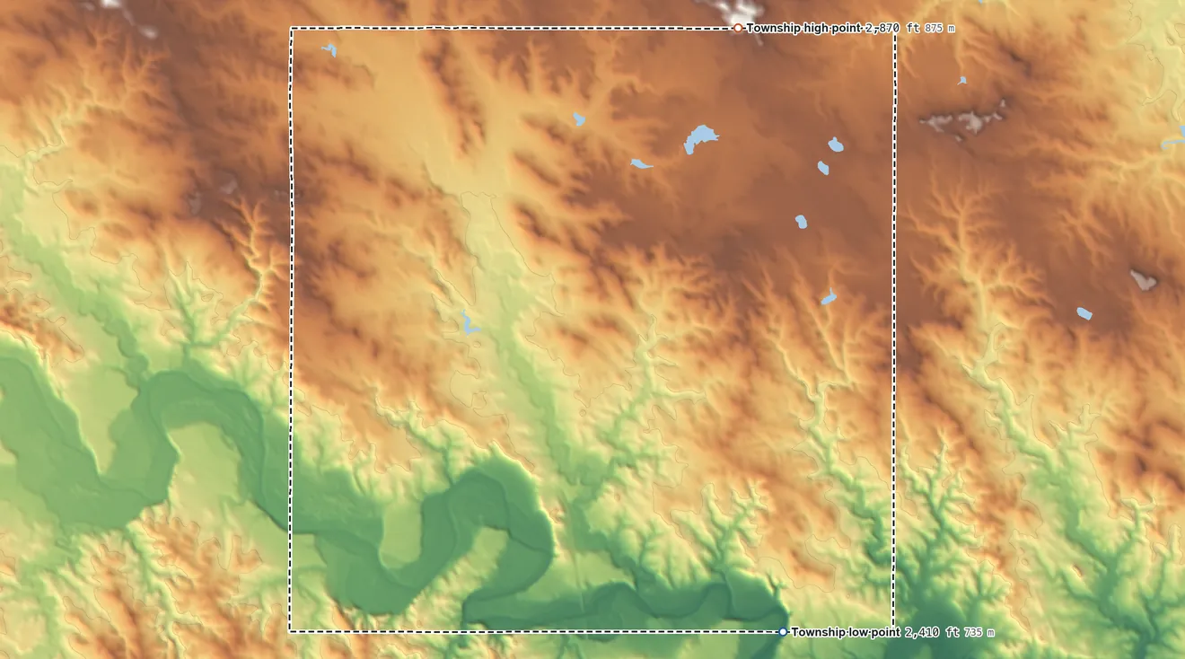 Topographic elevation map of Fredlund Township, South Dakota, shaded from 2,410 ft on the south side to 2,870 ft on the north side