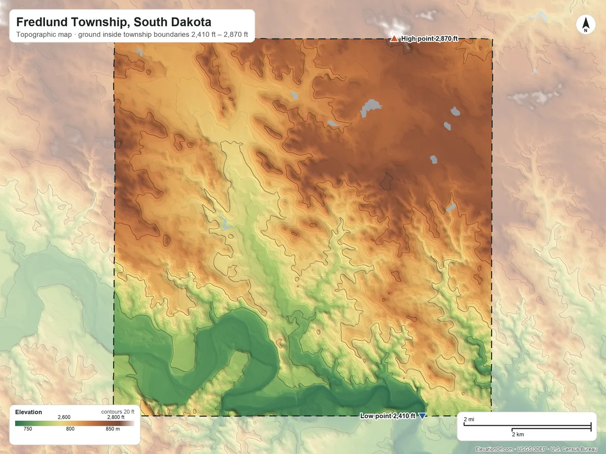 Topographic elevation map of Fredlund Township, South Dakota, shaded from 2,410 ft on the south side to 2,870 ft on the north side