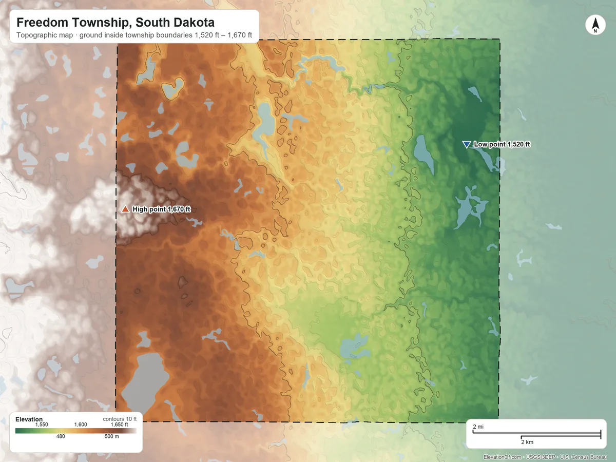 Topographic elevation map of Freedom Township, South Dakota, shaded from 1,520 ft on the northeast side to 1,670 ft on the west side