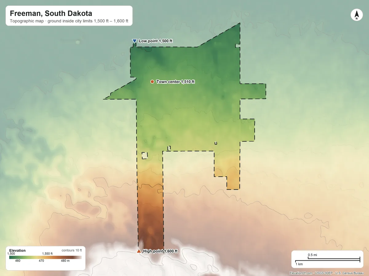 Topographic elevation map of Freeman, South Dakota, shaded from 1,500 ft on the northwest side to 1,600 ft on the south side