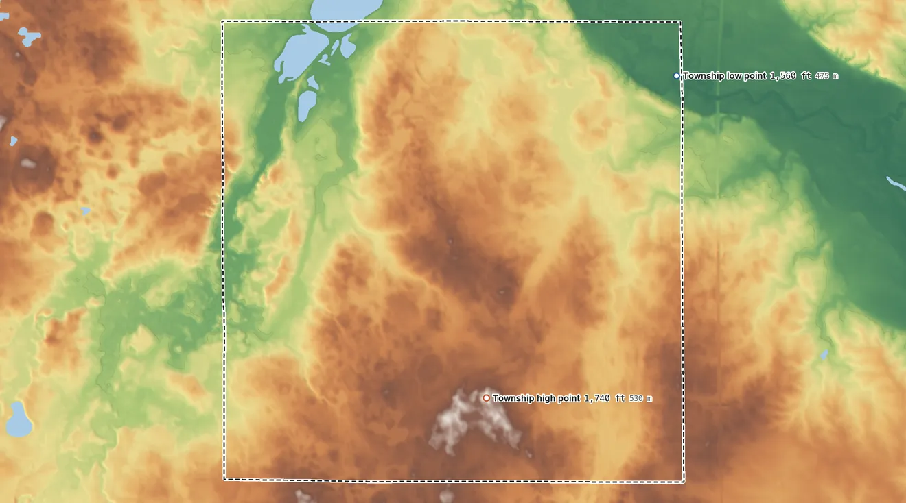 Topographic elevation map of Fremont Township, South Dakota, shaded from 1,560 ft on the northeast side to 1,740 ft on the south side