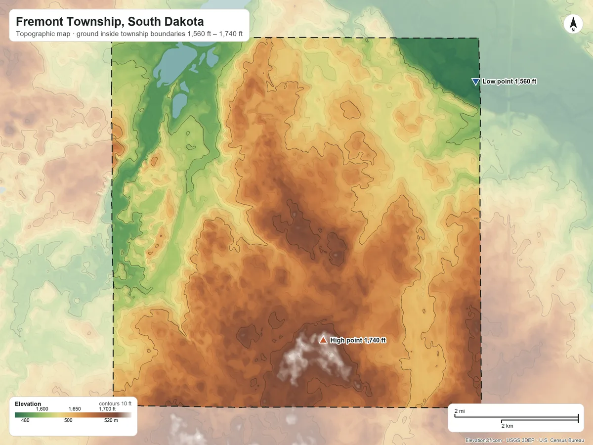 Topographic elevation map of Fremont Township, South Dakota, shaded from 1,560 ft on the northeast side to 1,740 ft on the south side