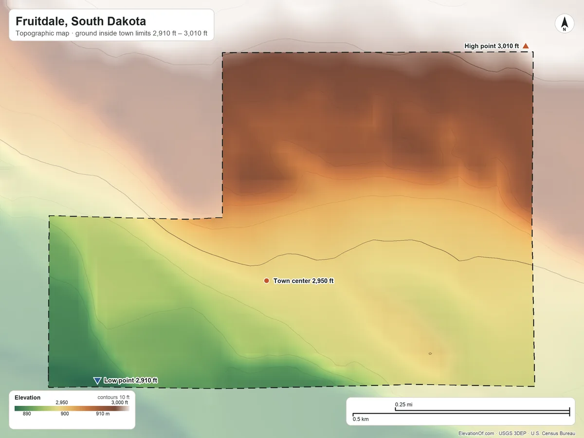 Topographic elevation map of Fruitdale, South Dakota, shaded from 2,910 ft on the southwest side to 3,010 ft on the northeast side