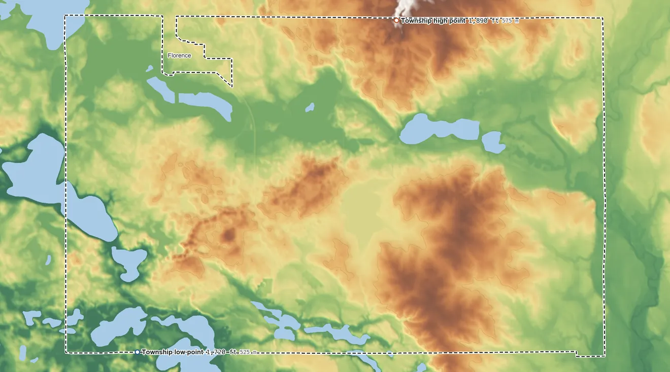 Topographic elevation map of Fuller Township, South Dakota, shaded from 1,720 ft on the southwest side to 1,890 ft on the north side