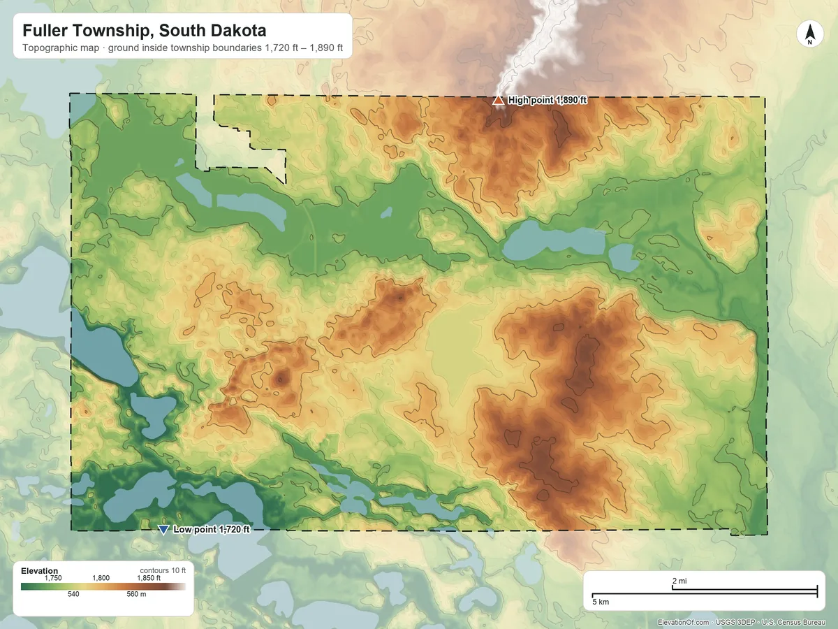 Topographic elevation map of Fuller Township, South Dakota, shaded from 1,720 ft on the southwest side to 1,890 ft on the north side