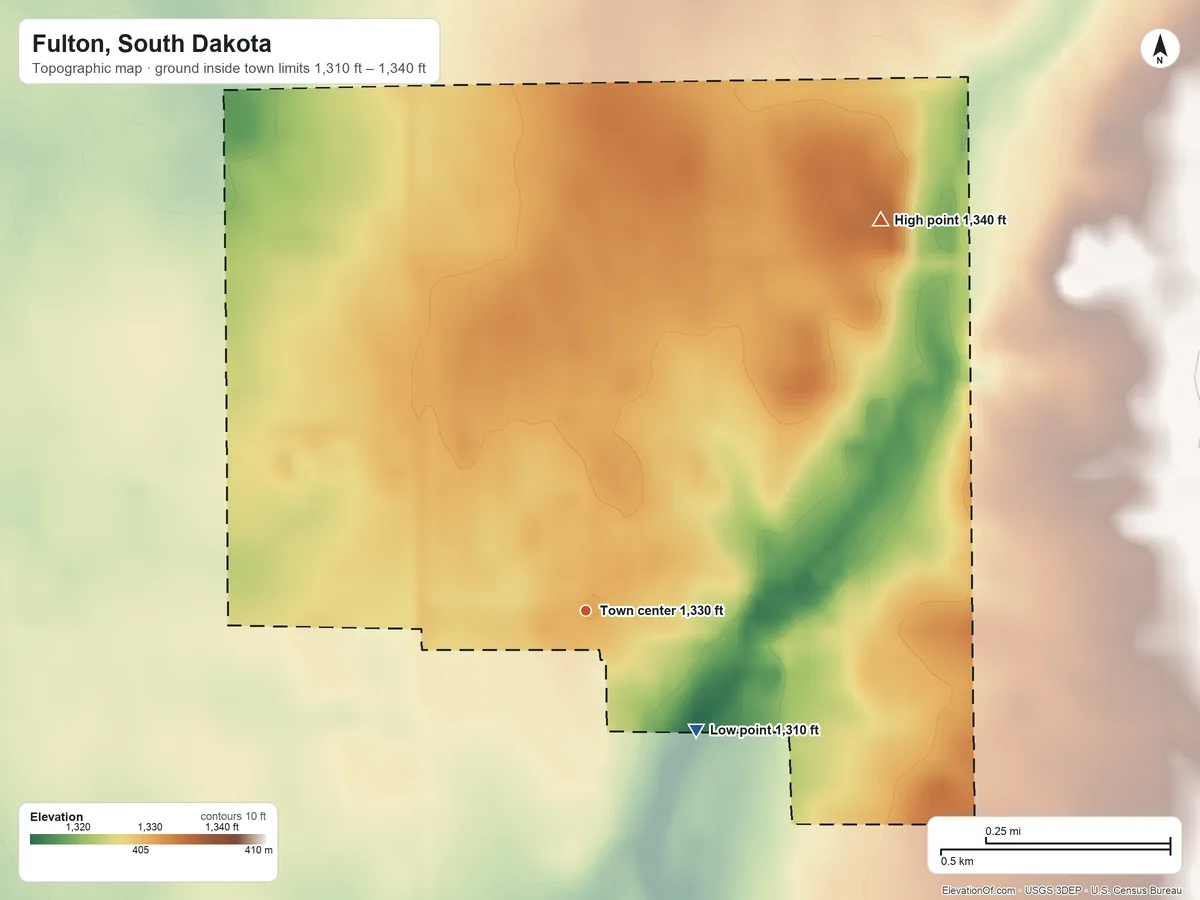 Topographic elevation map of Fulton, South Dakota, shaded from 1,310 ft on the southeast side to 1,340 ft on the northeast side