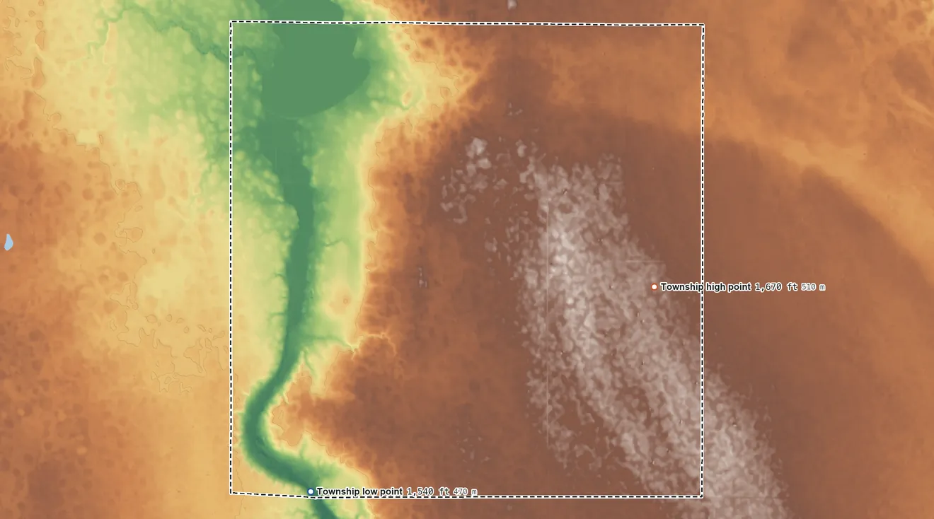 Topographic elevation map of Gales Township, South Dakota, shaded from 1,540 ft on the southwest side to 1,670 ft on the southeast side