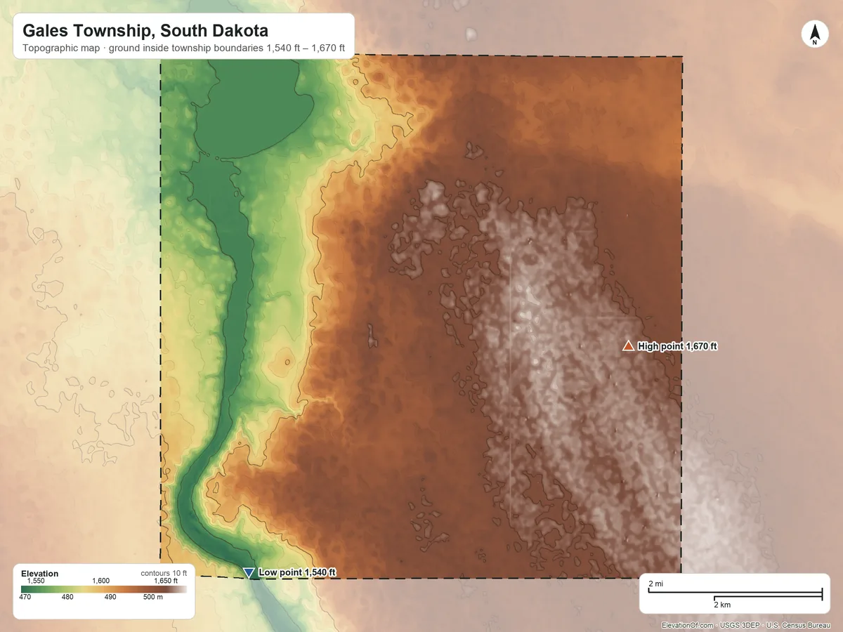 Topographic elevation map of Gales Township, South Dakota, shaded from 1,540 ft on the southwest side to 1,670 ft on the southeast side
