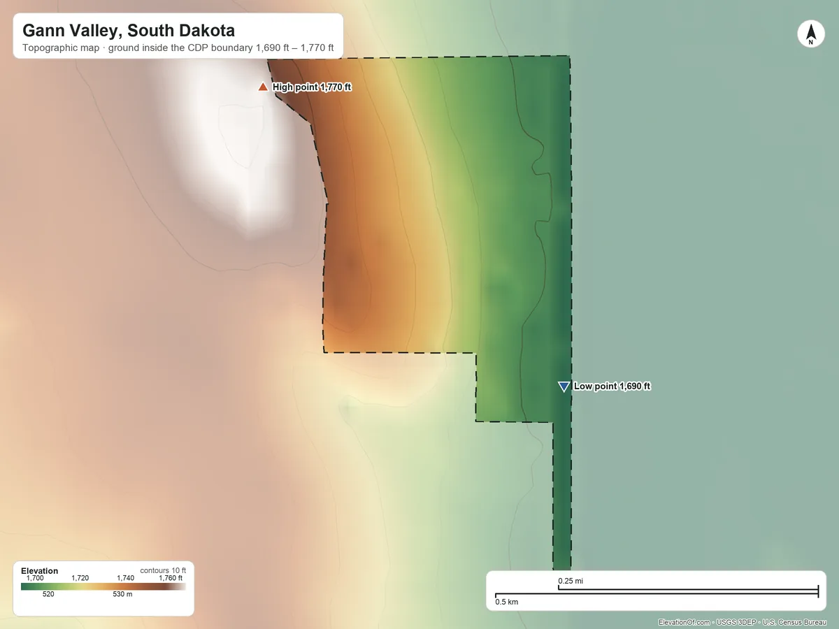 Topographic elevation map of Gann Valley, South Dakota, shaded from 1,690 ft on the southeast side to 1,770 ft on the west side