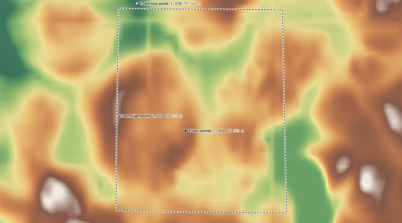 Topographic elevation map of Garden City, South Dakota, shaded from 1,830 ft on the north side to 1,860 ft on the west side