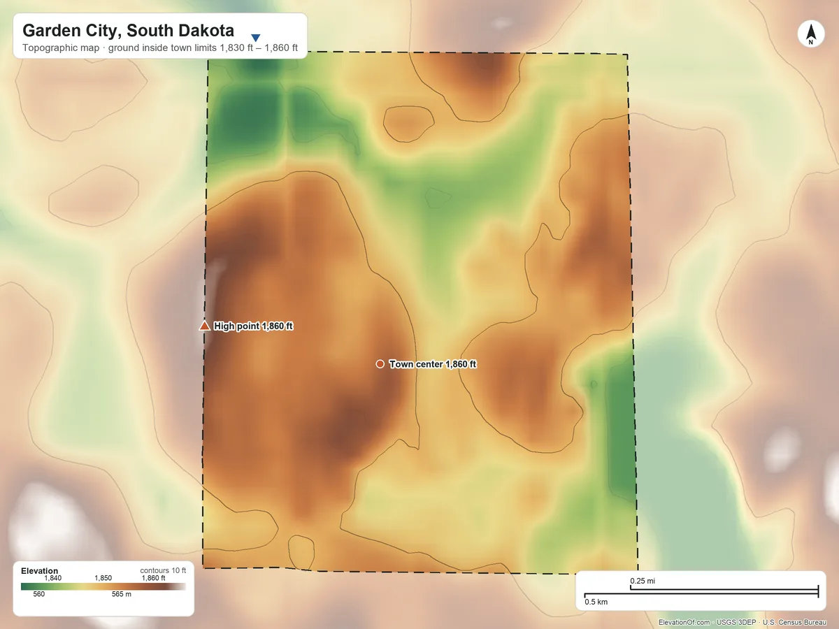 Topographic elevation map of Garden City, South Dakota, shaded from 1,830 ft on the north side to 1,860 ft on the west side