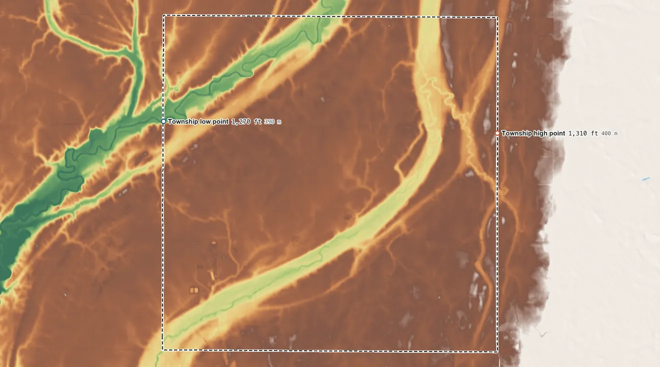 Topographic elevation map of Garden Prairie Township, South Dakota, shaded from 1,270 ft on the north side to 1,310 ft on the east side