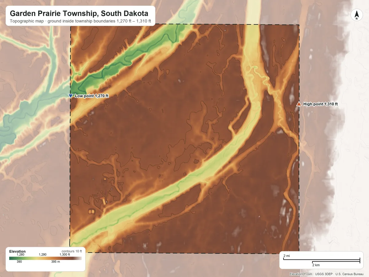 Topographic elevation map of Garden Prairie Township, South Dakota, shaded from 1,270 ft on the north side to 1,310 ft on the east side