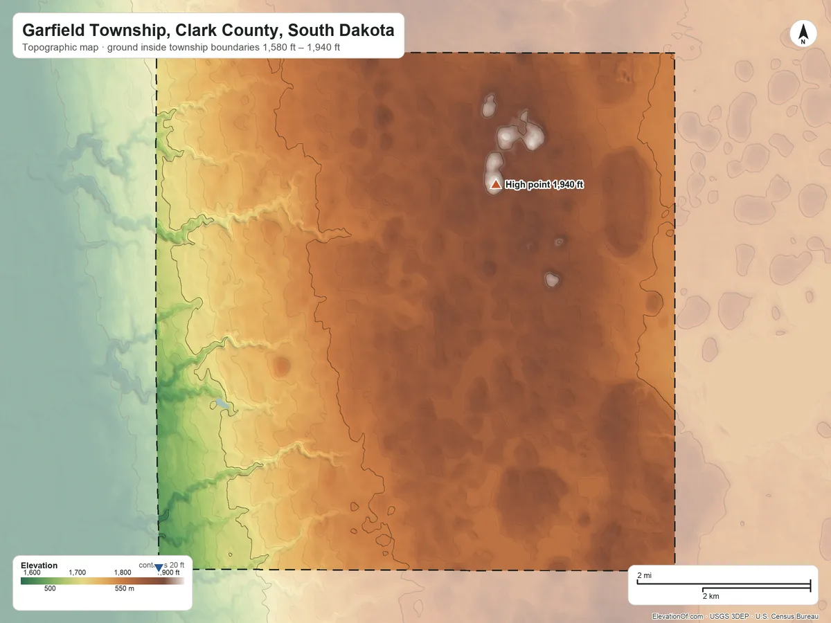 Topographic elevation map of Garfield Township, Clark County, South Dakota, shaded from 1,580 ft on the southwest side to 1,940 ft on the northeast side