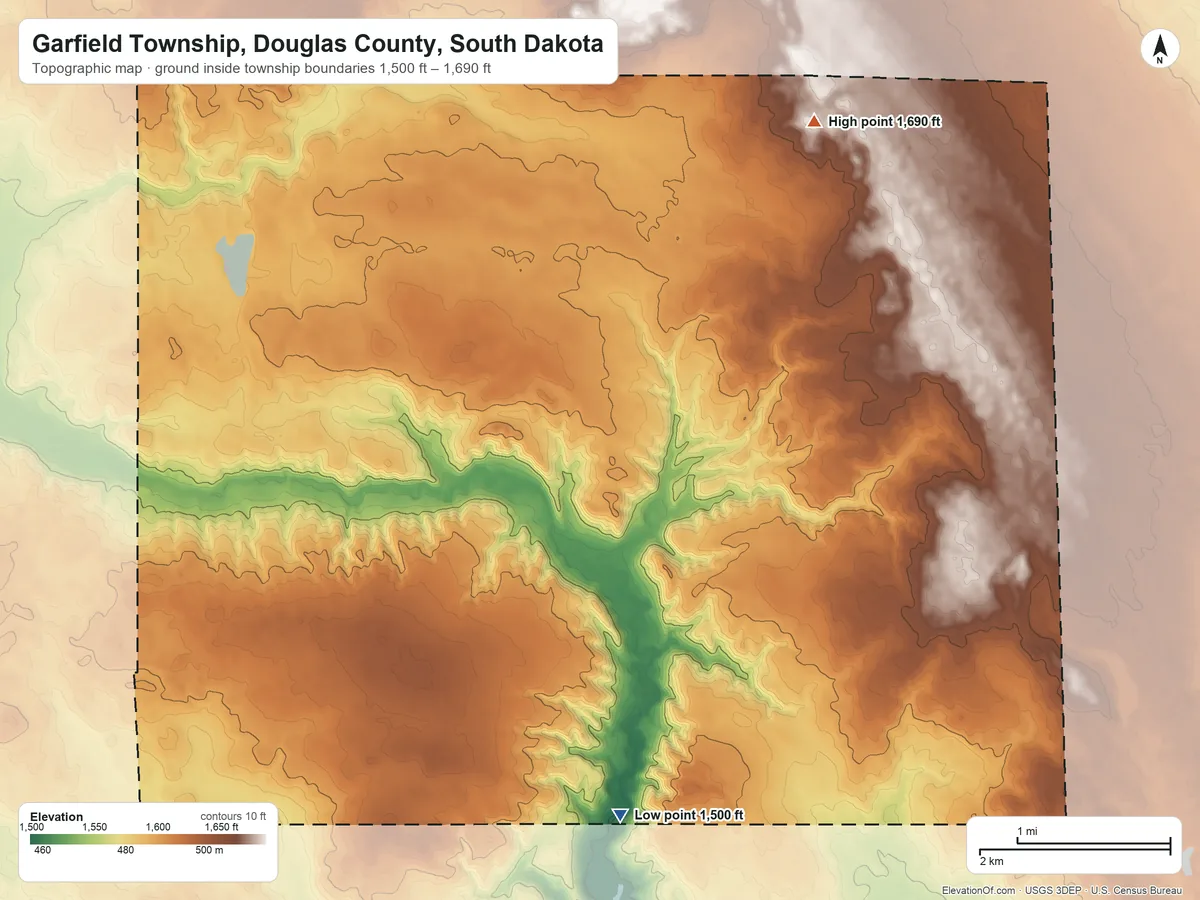 Topographic elevation map of Garfield Township, Douglas County, South Dakota, shaded from 1,500 ft on the south side to 1,690 ft on the northeast side