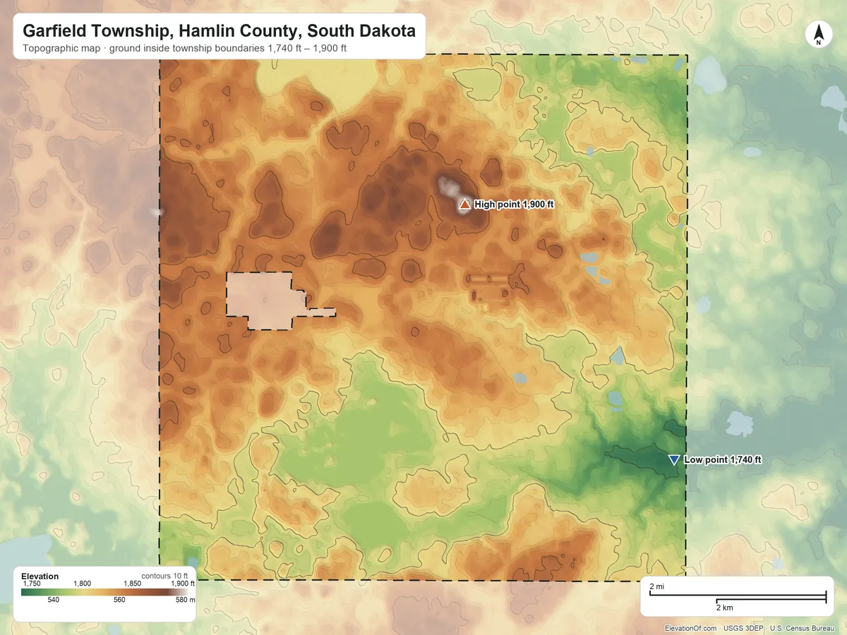 Topographic elevation map of Garfield Township, Hamlin County, South Dakota, shaded from 1,740 ft on the southeast side to 1,900 ft near the middle
