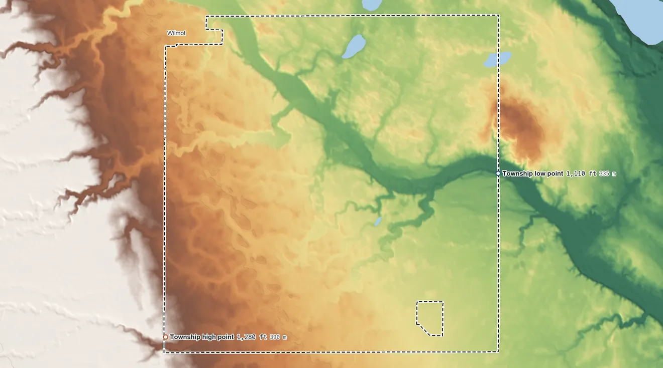 Topographic elevation map of Garfield Township, Roberts County, South Dakota, shaded from 1,110 ft on the east side to 1,280 ft on the southwest side