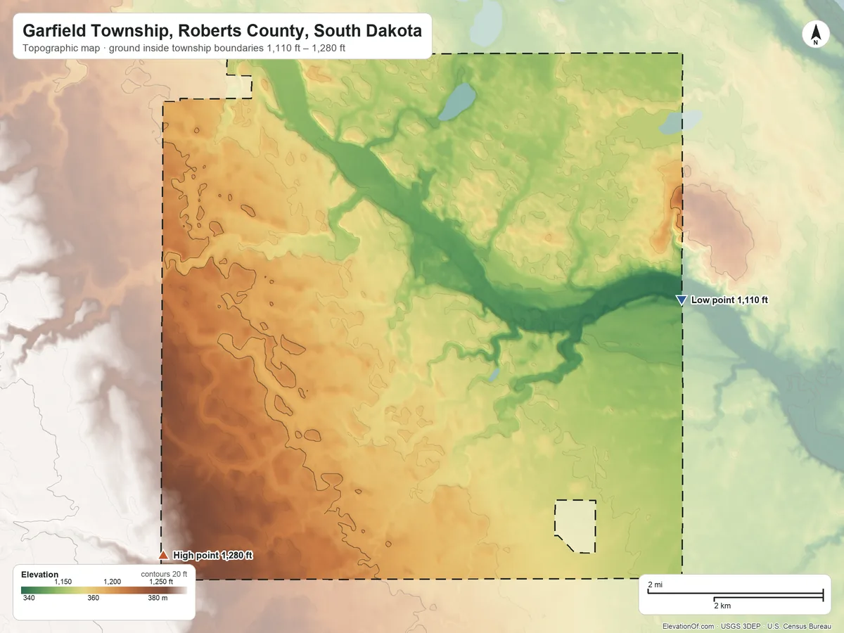 Topographic elevation map of Garfield Township, Roberts County, South Dakota, shaded from 1,110 ft on the east side to 1,280 ft on the southwest side