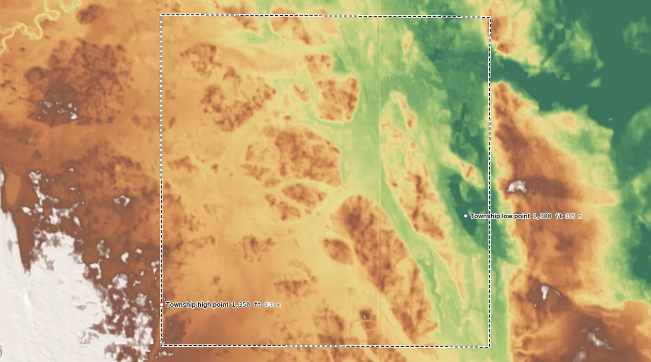 Topographic elevation map of Garfield Township, Spink County, South Dakota, shaded from 1,300 ft on the east side to 1,350 ft on the southwest side