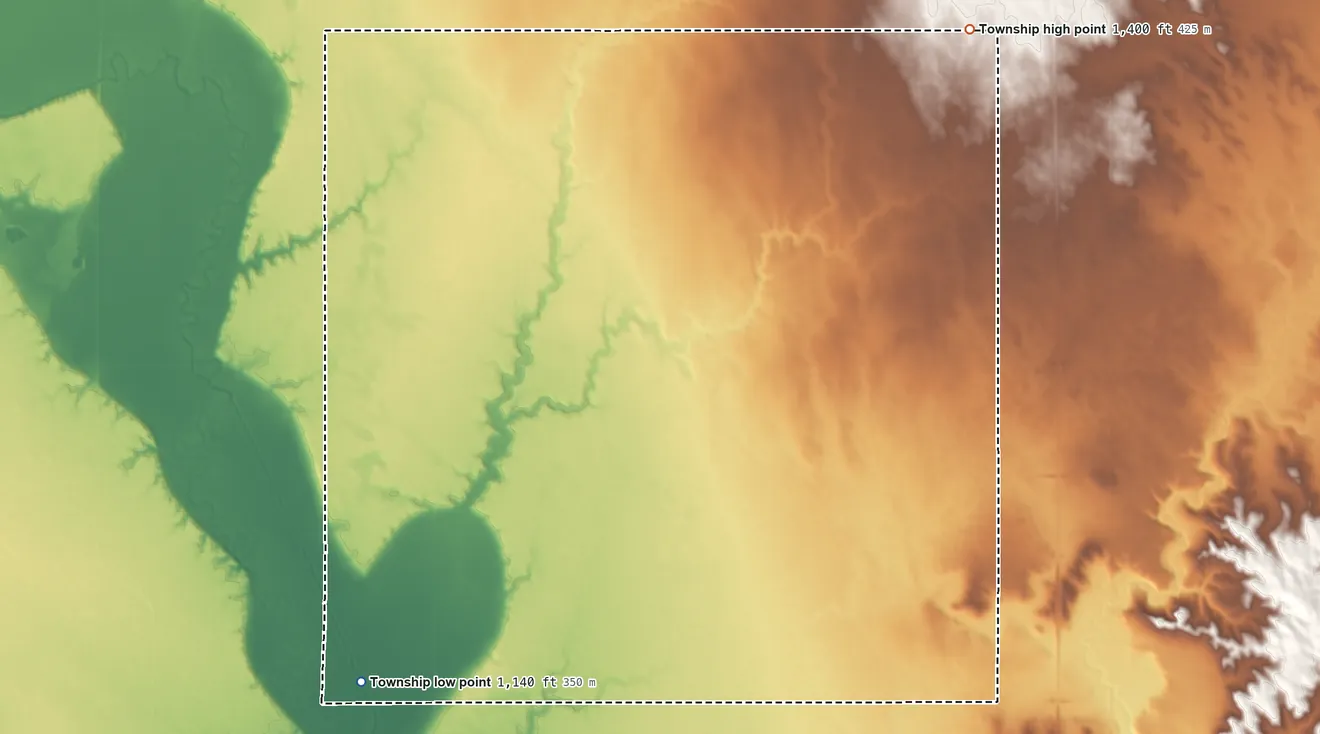 Topographic elevation map of Garfield Township, South Dakota, shaded from 1,140 ft on the southwest side to 1,400 ft on the northeast side