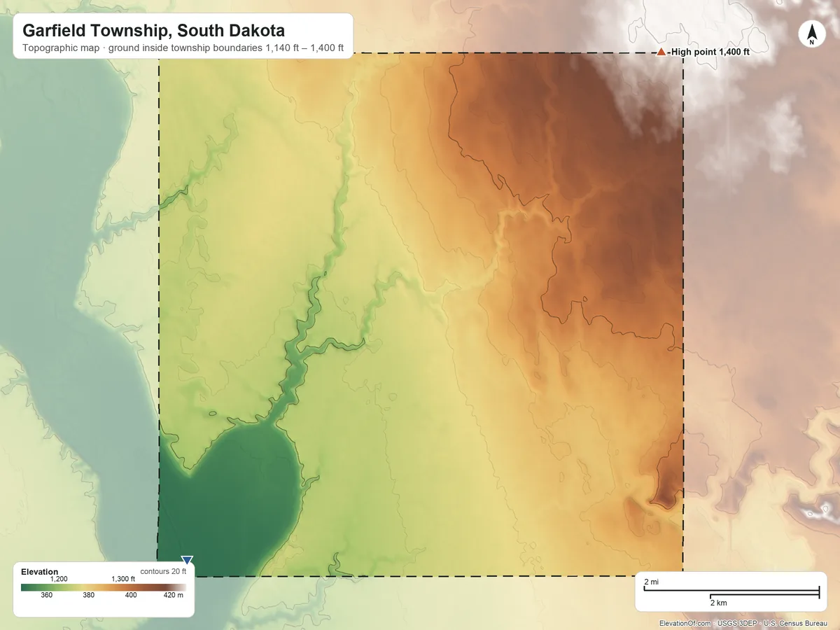 Topographic elevation map of Garfield Township, South Dakota, shaded from 1,140 ft on the southwest side to 1,400 ft on the northeast side