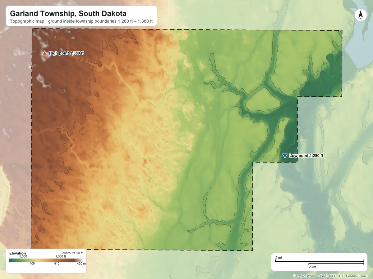Topographic elevation map of Garland Township, South Dakota, shaded from 1,280 ft on the east side to 1,380 ft on the northwest side