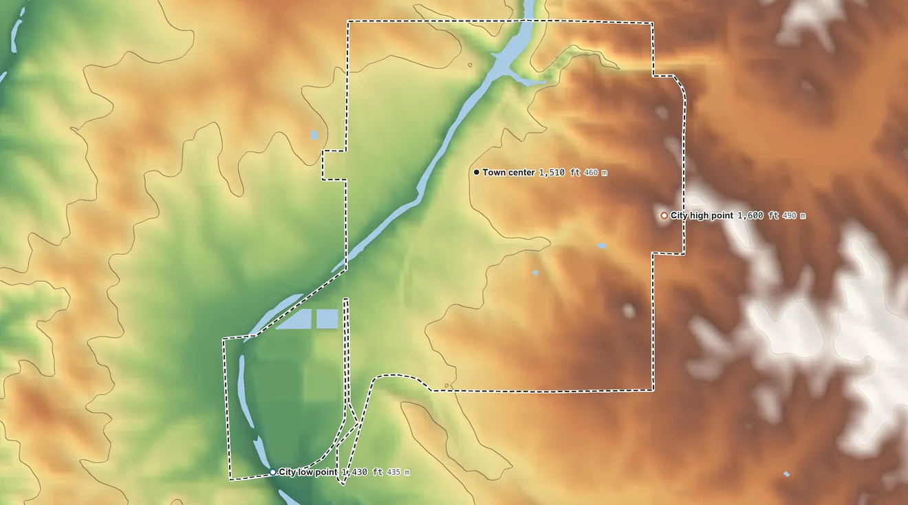 Topographic elevation map of Garretson, South Dakota, shaded from 1,430 ft on the southwest side to 1,600 ft on the east side