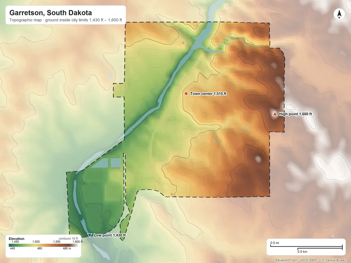 Topographic elevation map of Garretson, South Dakota, shaded from 1,430 ft on the southwest side to 1,600 ft on the east side