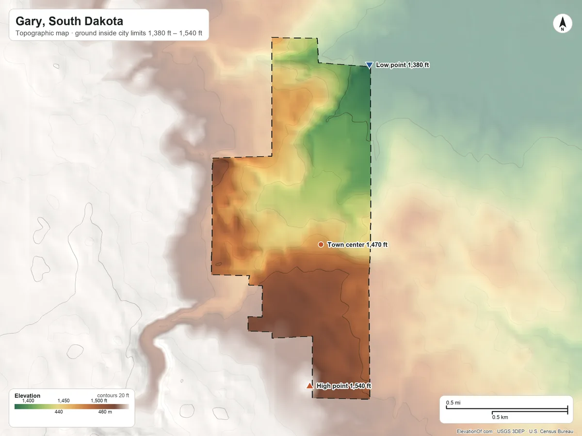 Topographic elevation map of Gary, South Dakota, shaded from 1,380 ft on the north side to 1,540 ft on the south side