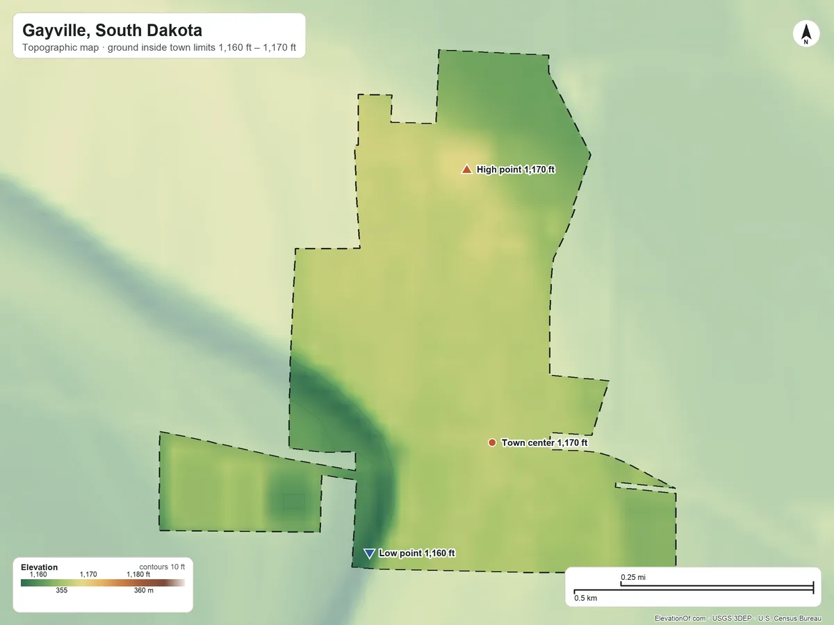 Topographic elevation map of Gayville, South Dakota, shaded from 1,160 ft on the southwest side to 1,170 ft on the north side