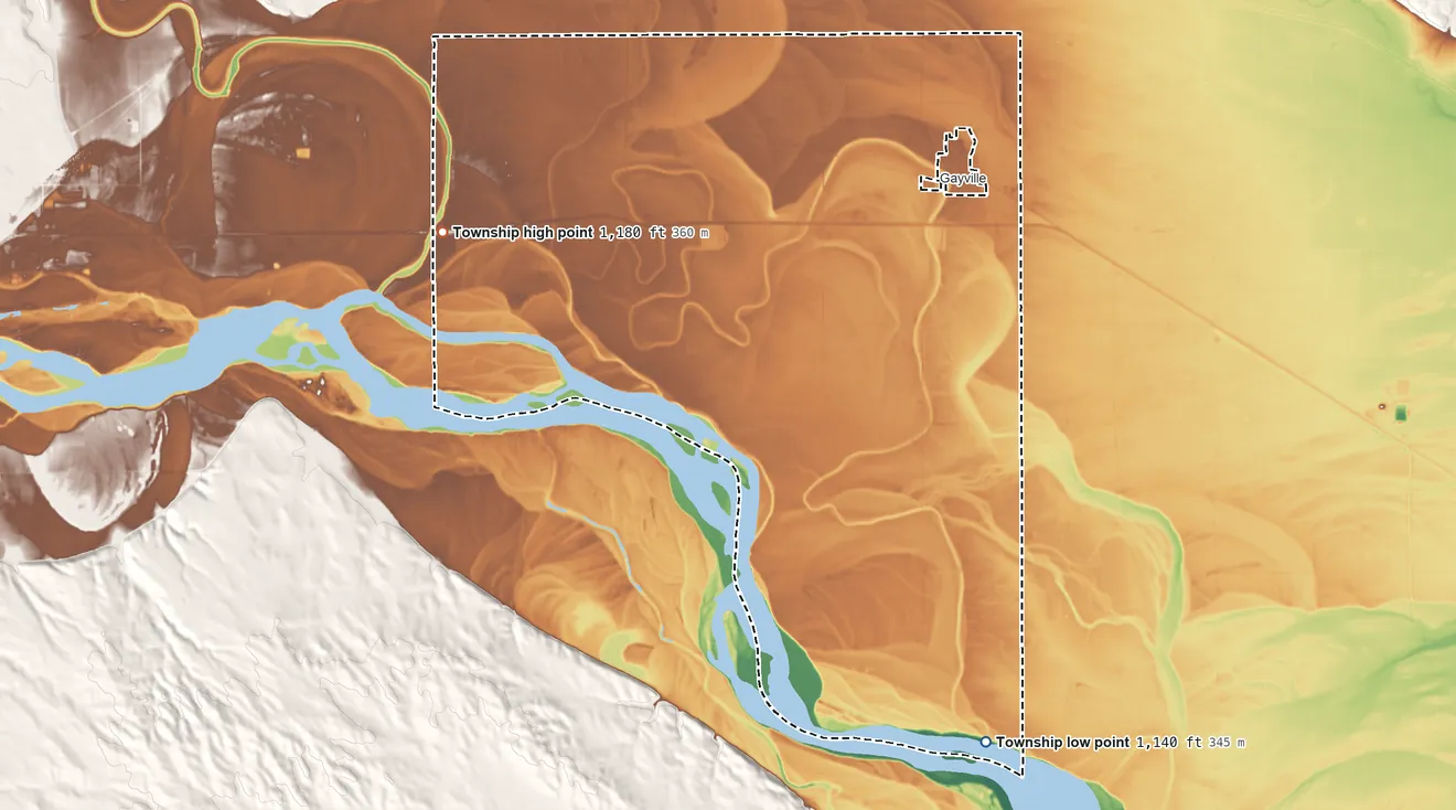 Topographic elevation map of Gayville Township, South Dakota, shaded from 1,140 ft on the southeast side to 1,180 ft on the west side