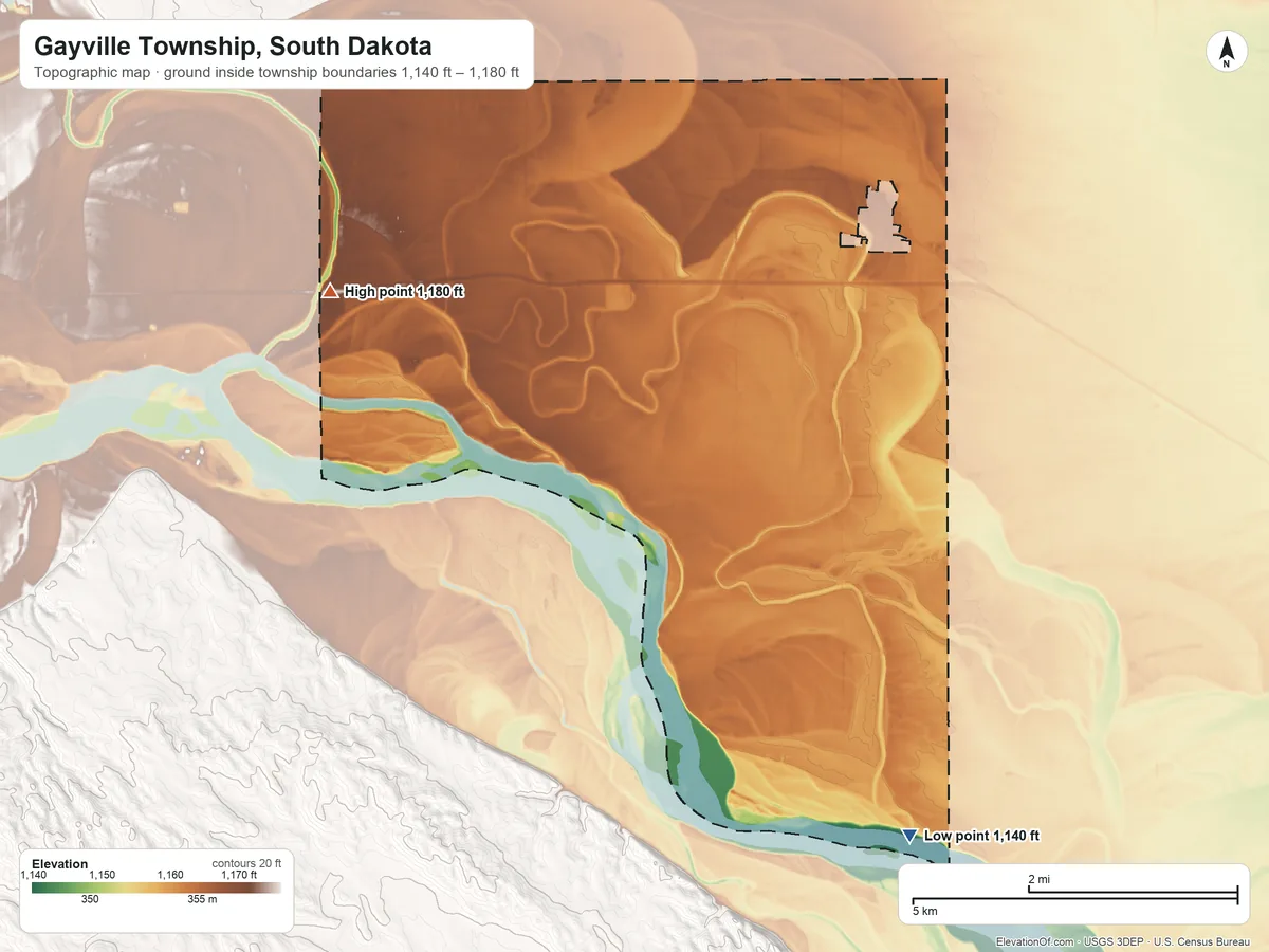 Topographic elevation map of Gayville Township, South Dakota, shaded from 1,140 ft on the southeast side to 1,180 ft on the west side