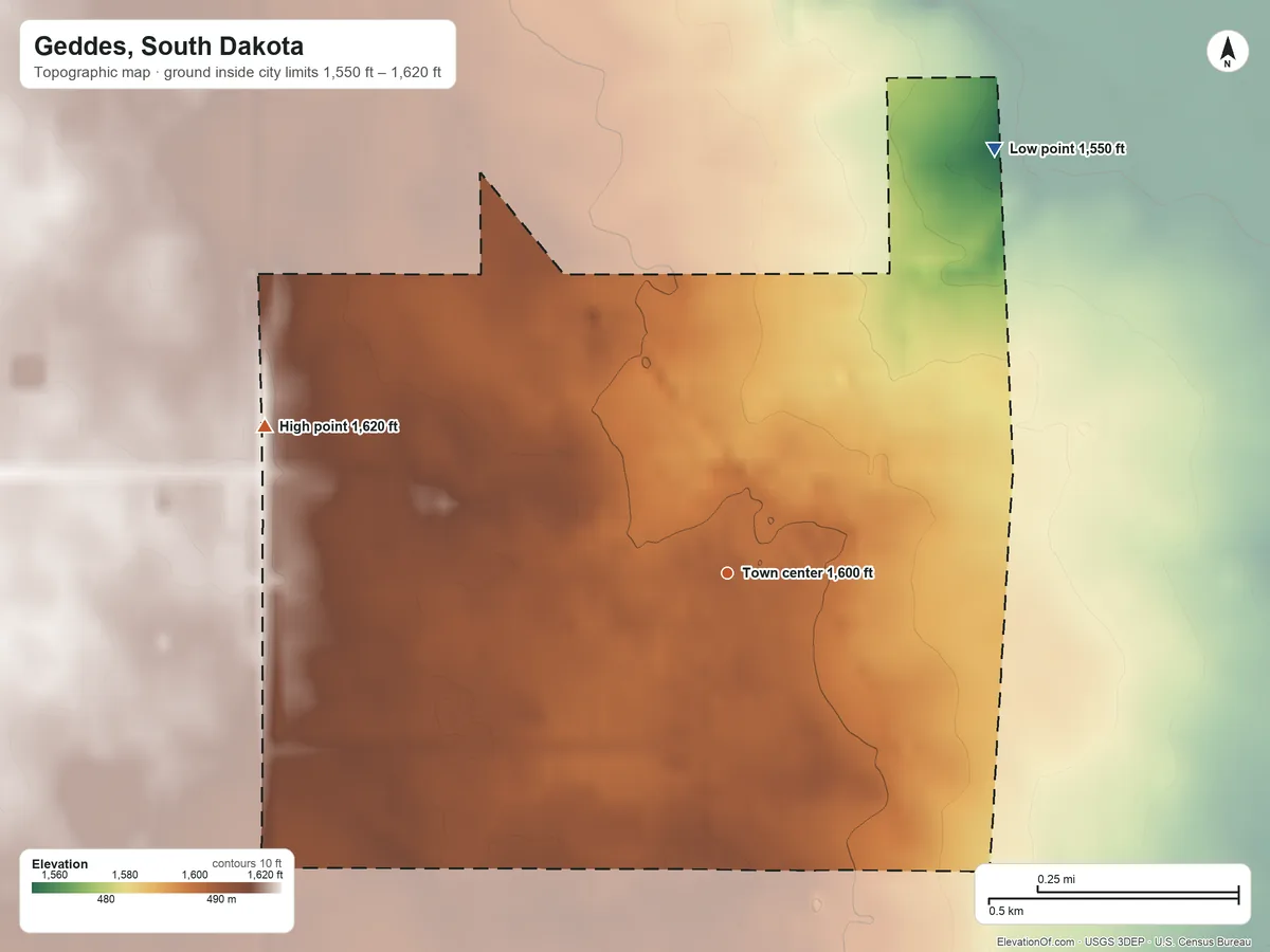 Topographic elevation map of Geddes, South Dakota, shaded from 1,550 ft on the northeast side to 1,620 ft on the west side