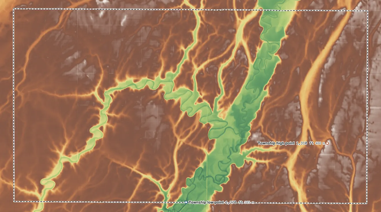 Topographic elevation map of Gem Township, South Dakota, shaded from 1,270 ft on the south side to 1,310 ft on the east side