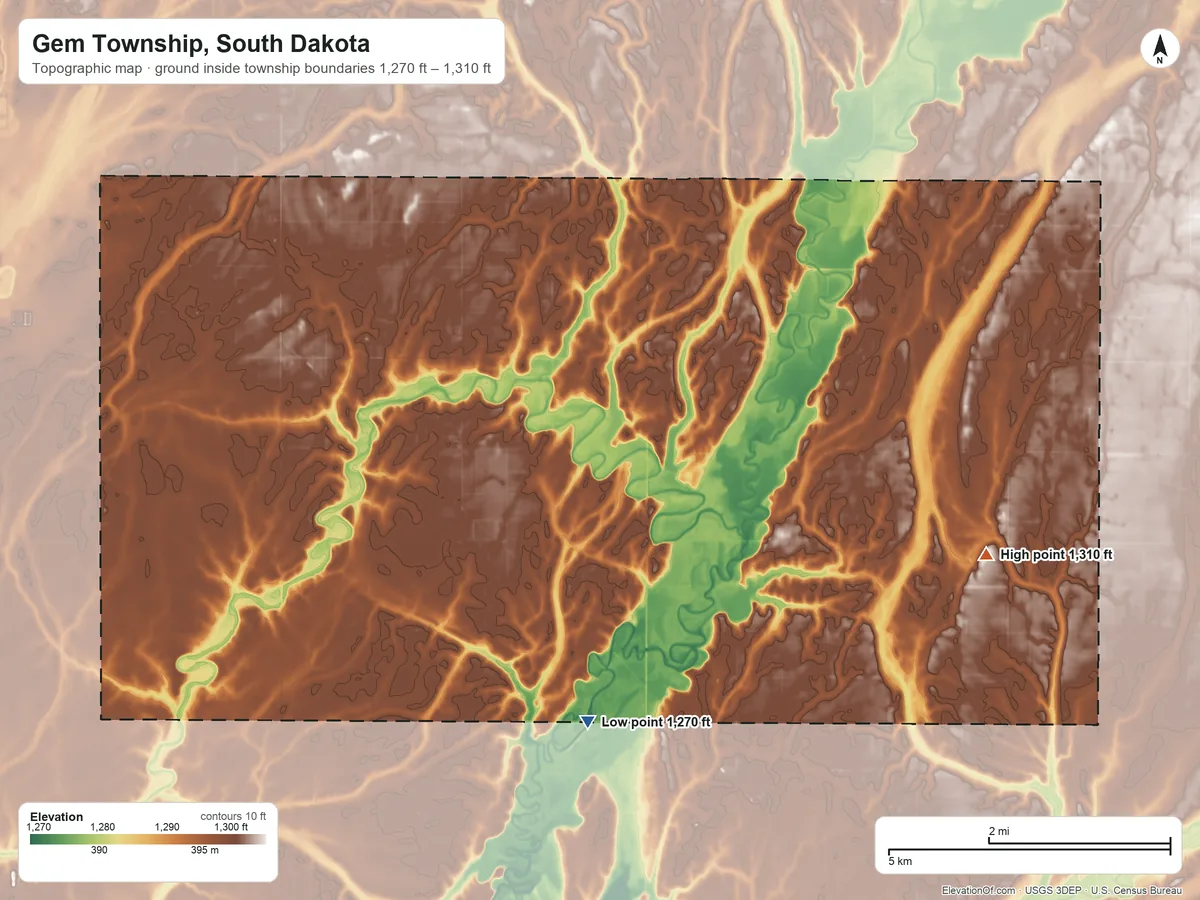 Topographic elevation map of Gem Township, South Dakota, shaded from 1,270 ft on the south side to 1,310 ft on the east side