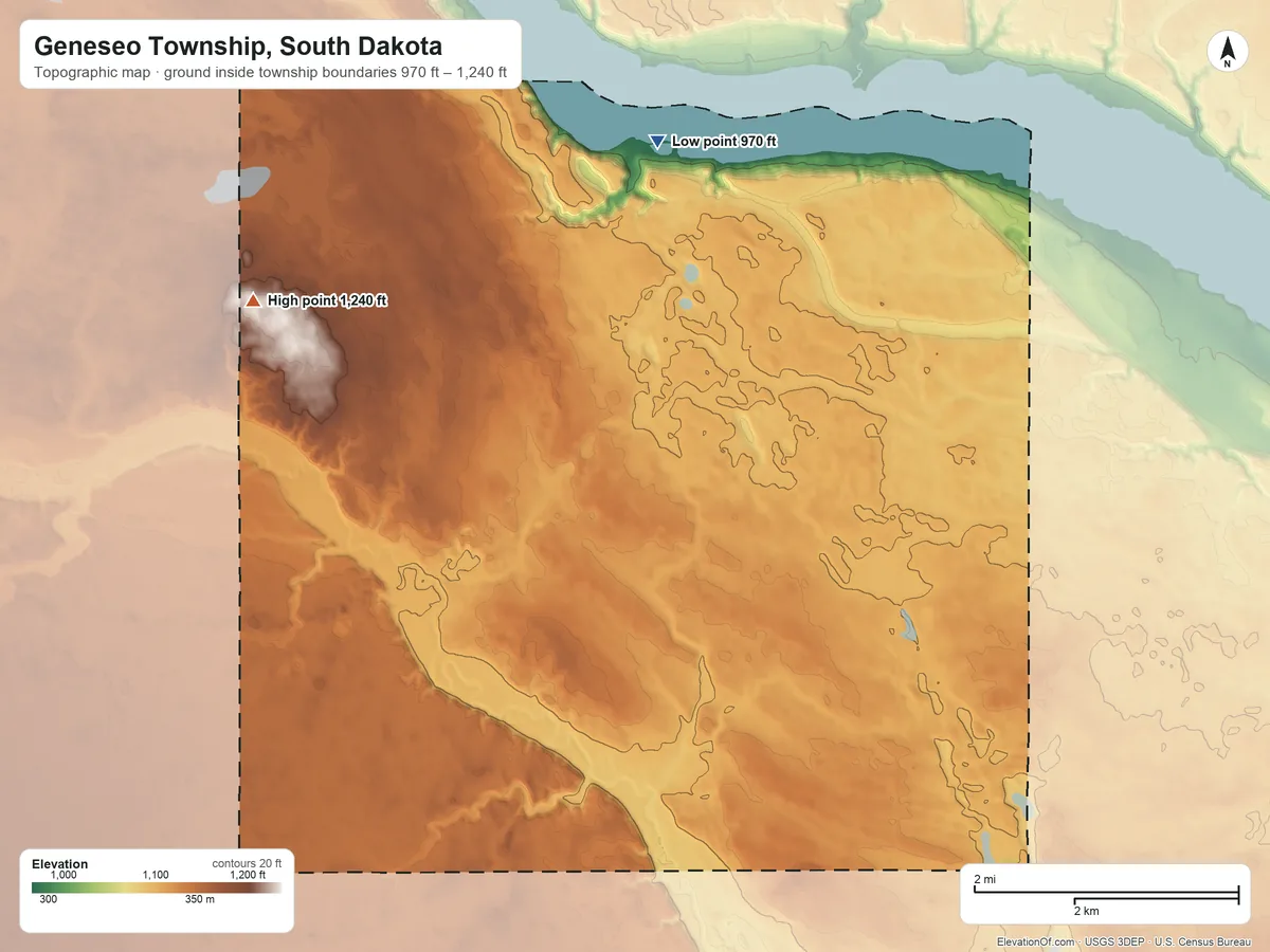 Topographic elevation map of Geneseo Township, South Dakota, shaded from 970 ft on the north side to 1,240 ft on the west side