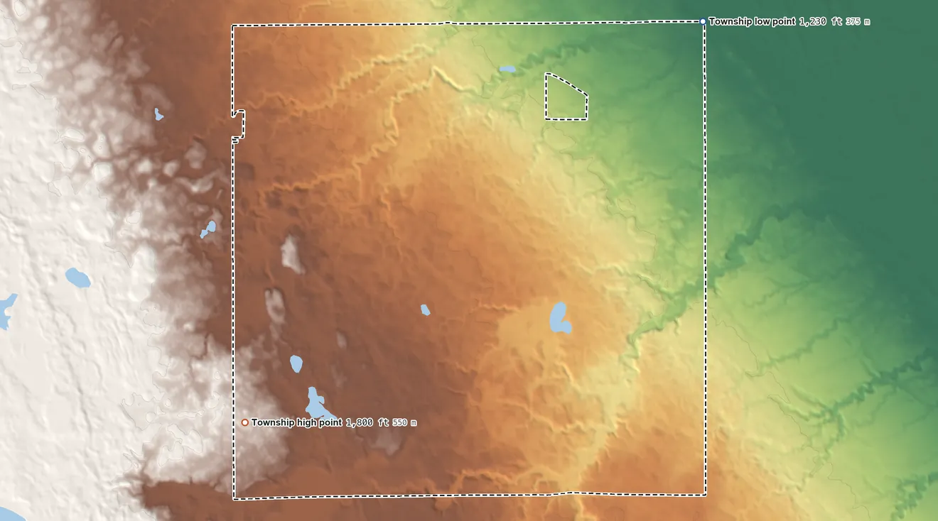 Topographic elevation map of Georgia Township, South Dakota, shaded from 1,230 ft on the northeast side to 1,800 ft on the southwest side