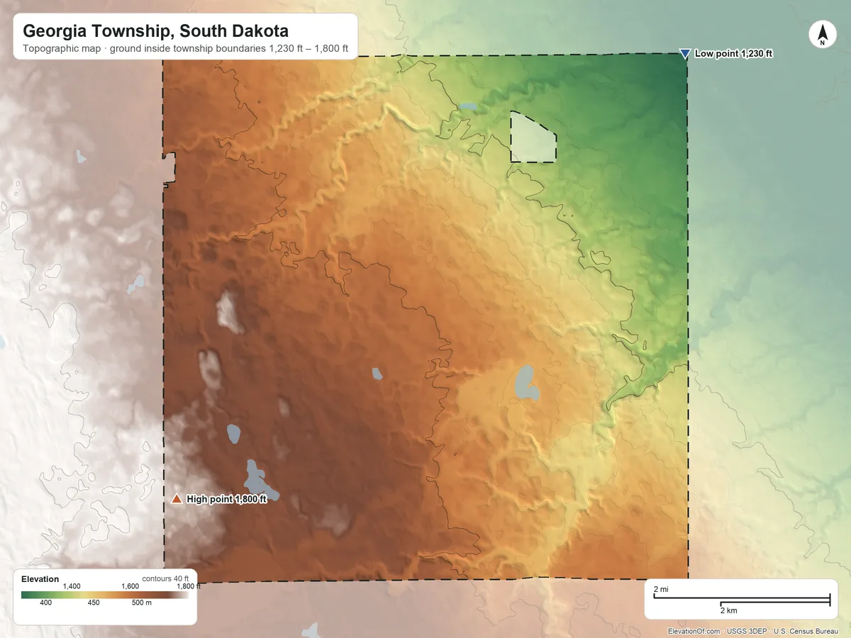 Topographic elevation map of Georgia Township, South Dakota, shaded from 1,230 ft on the northeast side to 1,800 ft on the southwest side